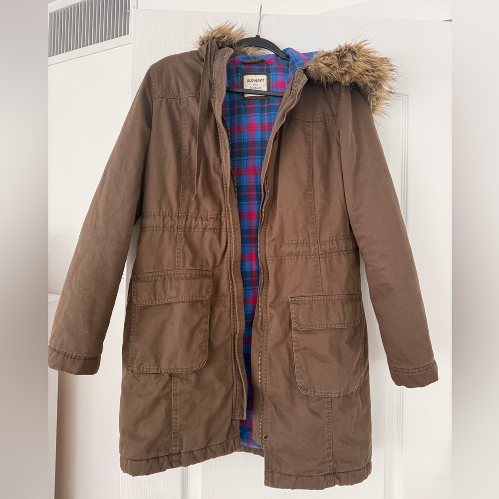 Old Navy Women’s Brown Parka Coat with Faux-Fur Hood